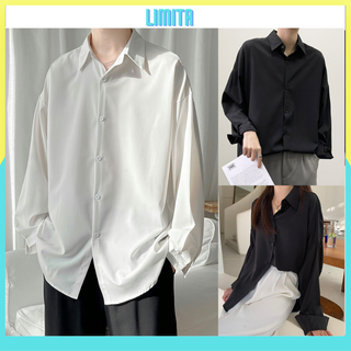 Áo sơ mi nam nữ form rộng tay dài dáng rộng kiểu Unisex Hàn Quốc màu trắng đen vải lụa mềm mịn MRD01