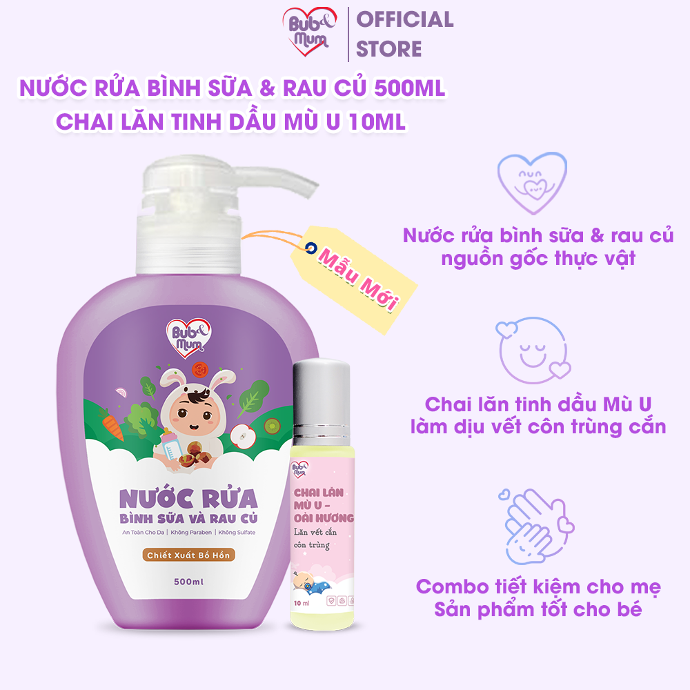 Combo Nước Rửa Bình Sữa & Rau Củ Quả 500ml Và Chai Lăn Làm Dịu Vết Côn Trùng Cắn Tinh Dầu Mù U + Oải Hương 10ml Bub&Mum