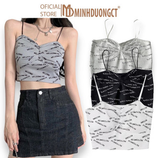 Áo tanktop 2 dây cổ chữ v in chữ - áo bra nhún dập ly trẻ trung