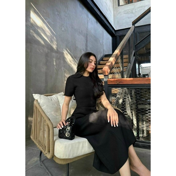 Đầm dự tiệc BoriDress_037 Midi cổ tròn rã thân chất vải gân sọc 2 lớp sang chảnh quyến rũ SONHALO.VN