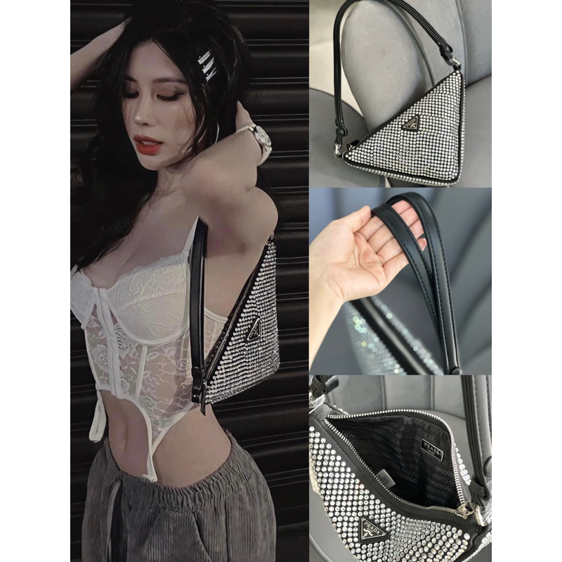 Prada Satin Pouch / Túi Prada Đính Đá Dáng Tam Giác, TÚI DỰ TIỆC SANG CHẢNH