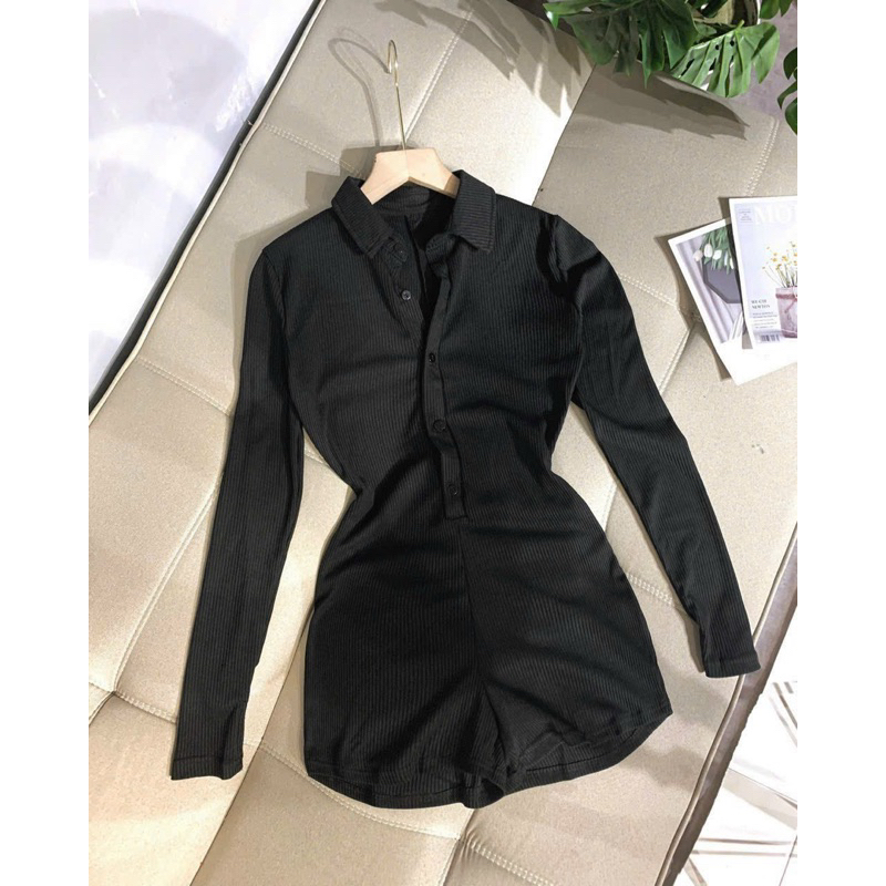 Jumpsuits đùi thời trang nữ mặc đi chơi Biển chất thun gân cổ v cài nút sơ mi tay dài ôm body sexy