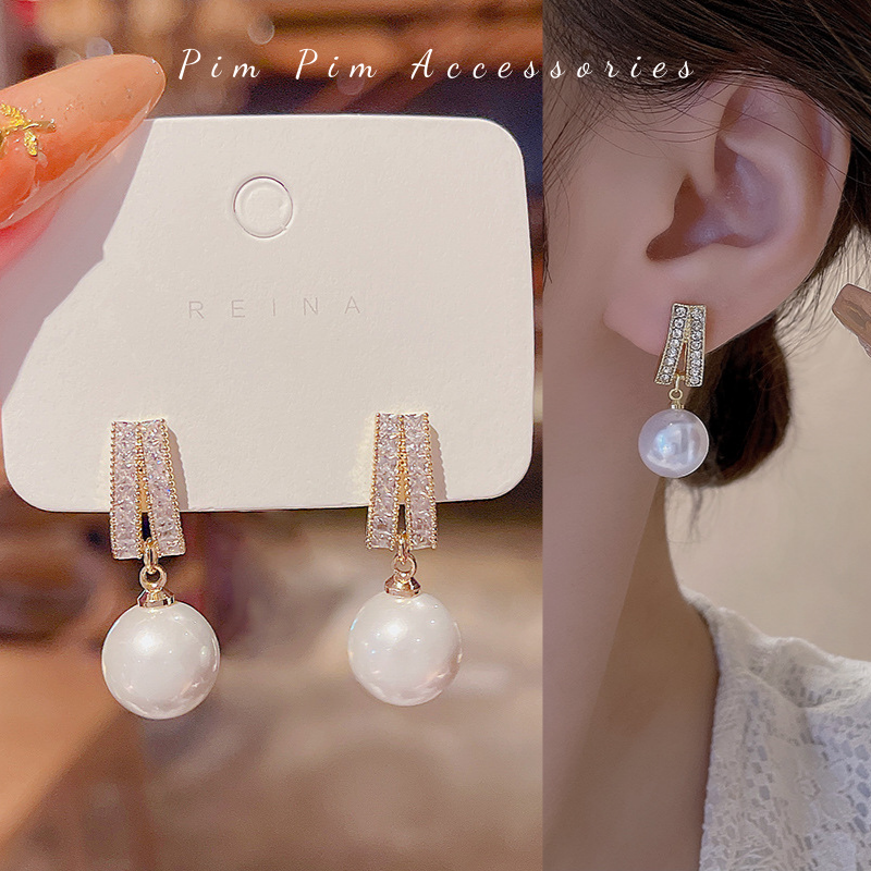 Bông tai nữ dáng thả ngọc trai nhân tạo phủ đá trắng chất liệu hợp kim không hoen gỉ khuyên tai phong cách hàn quốc