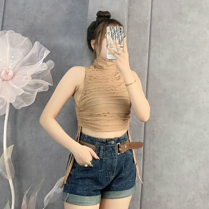 Áo croptop thun xốp cổ lọ sát nách rút dây 2 bên sexy