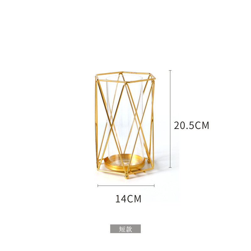 Lọ hoa thuỷ tinh khung kim loại mạ vàng trang trí phòng khách cao 20 cm