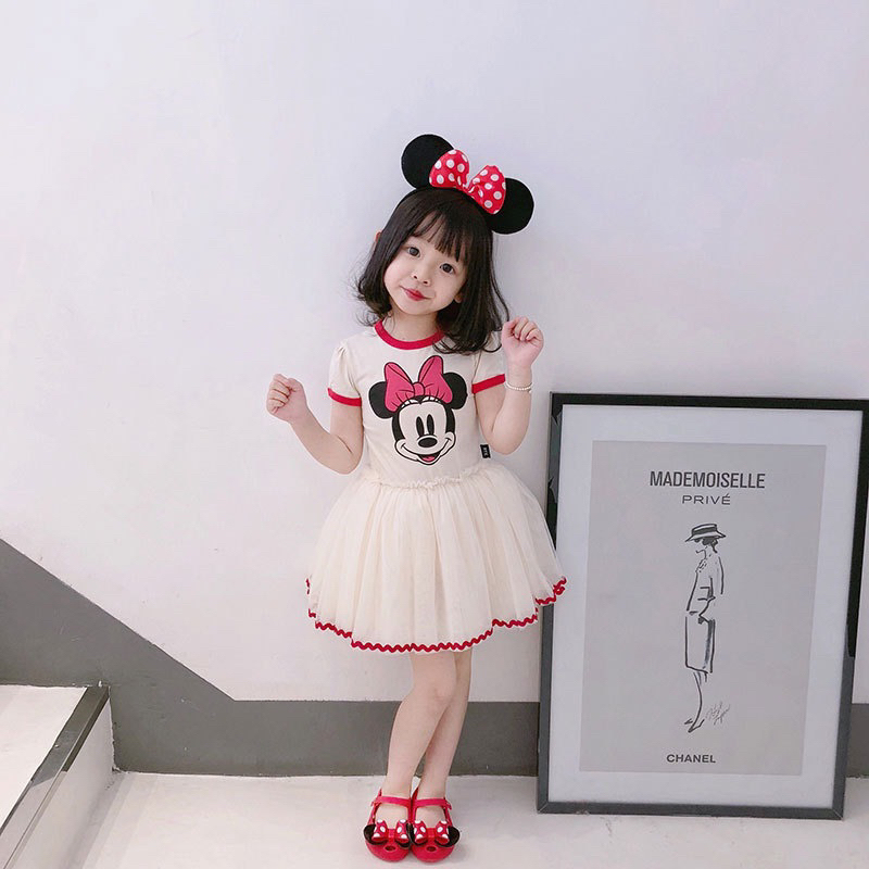 Đầm Công Chúa Họa Tiết Chuột Mickey Minnie Phối Lưới Xinh Xắn Cho Bé Gái đầm hãng Disney