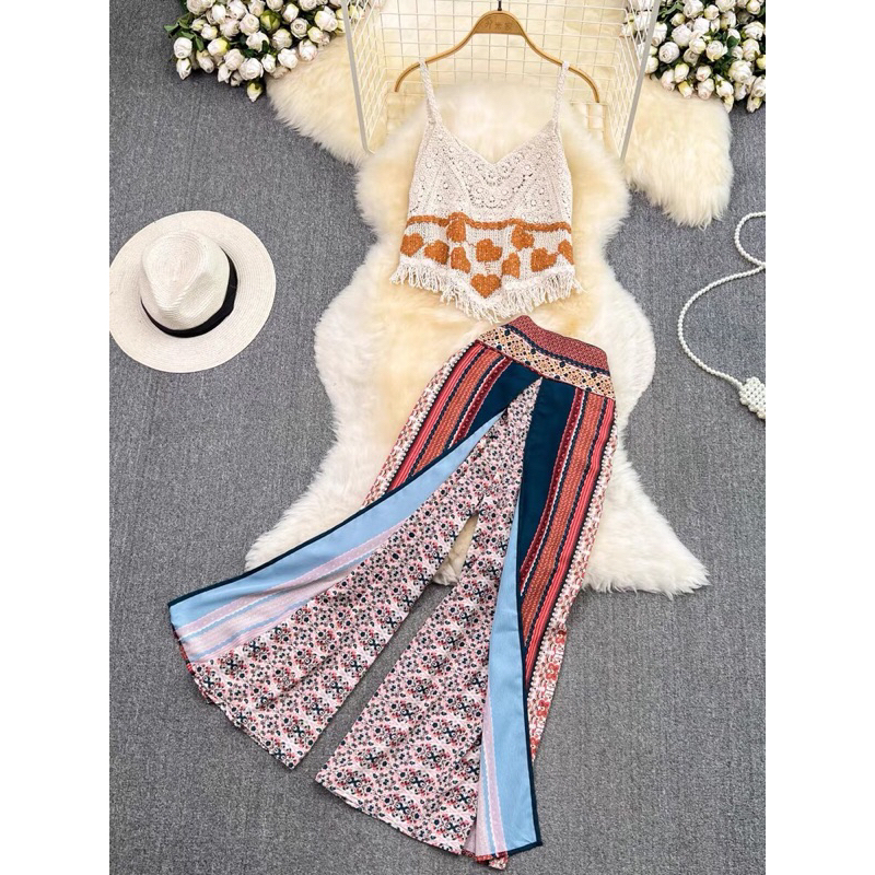 Sét Áo dệt kim Quần voan ống rộng thổ cẩm xẻ tà phong cách boho ( kèm ảnh thật)