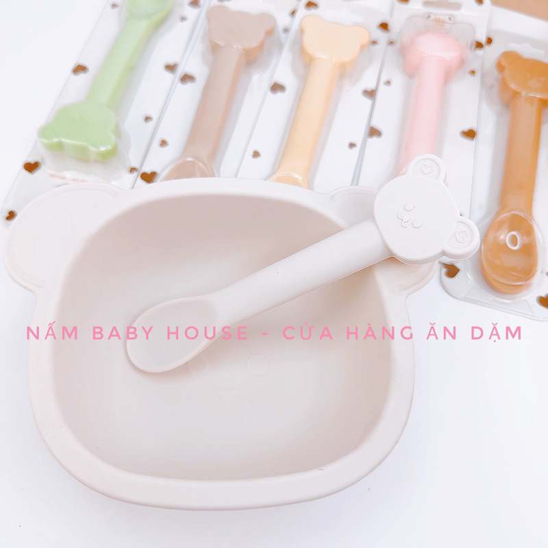 Bát silicon chống đổ , thìa ăn dặm Mumbebe hình gấu siêu xinh