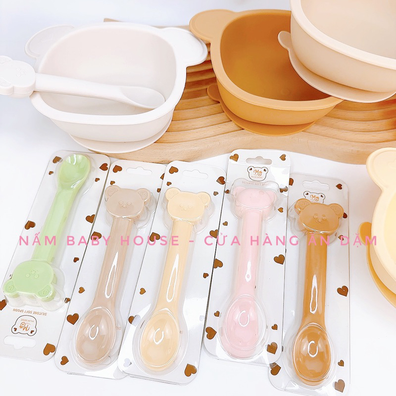 Bát silicon chống đổ , thìa ăn dặm Mumbebe hình gấu siêu xinh