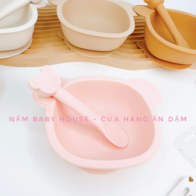 Bát silicon chống đổ , thìa ăn dặm Mumbebe hình gấu siêu xinh