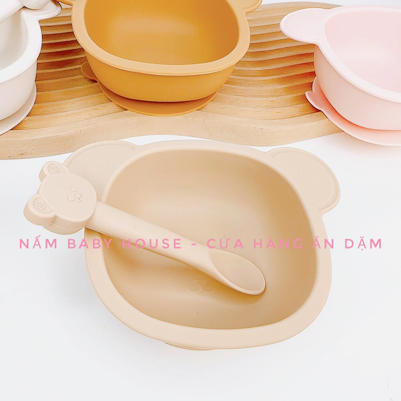 Bát silicon chống đổ , thìa ăn dặm Mumbebe hình gấu siêu xinh