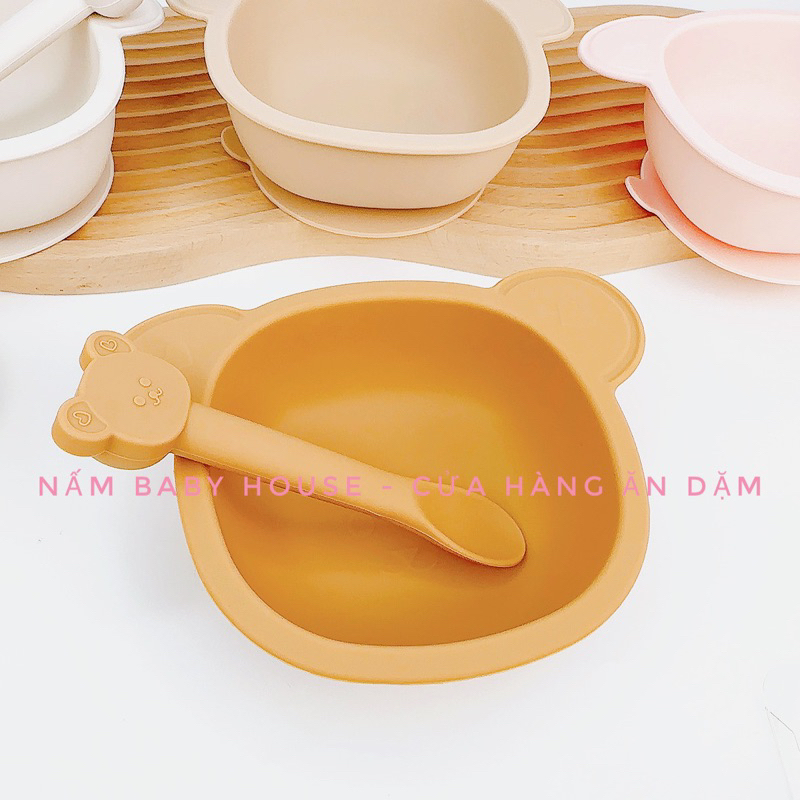 Bát silicon chống đổ , thìa ăn dặm Mumbebe hình gấu siêu xinh