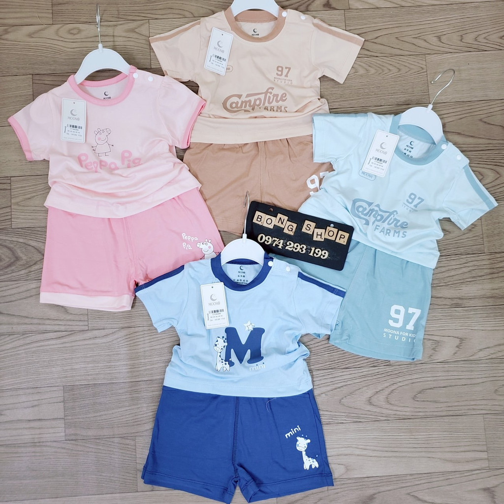 Moon@ 2023 Bộ quần áo cộc tay mùa hè cúc vai vải pettit siêu mềm mát cho bé trai bé gái 7-15kg