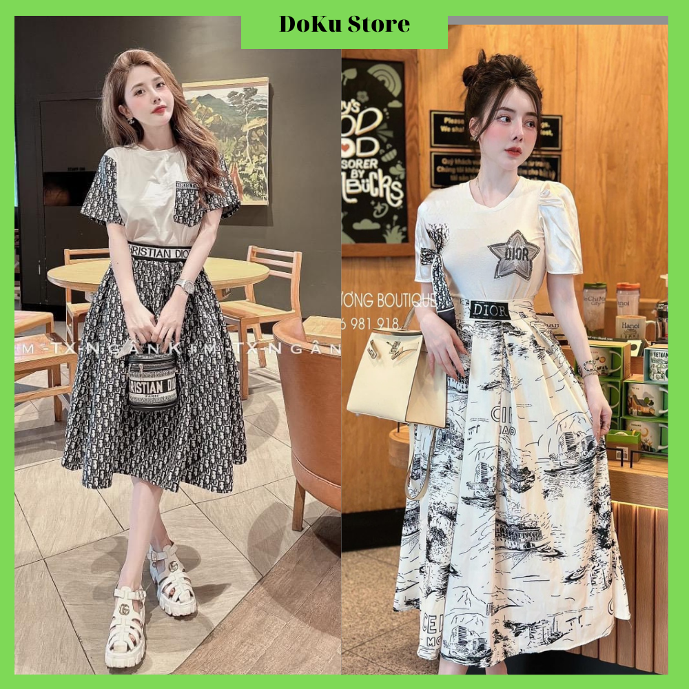Set áo thun dior chất cotton mịn mix chân váy dior, set váy dior hottrend hàng thiết kế cao cấp DoKu