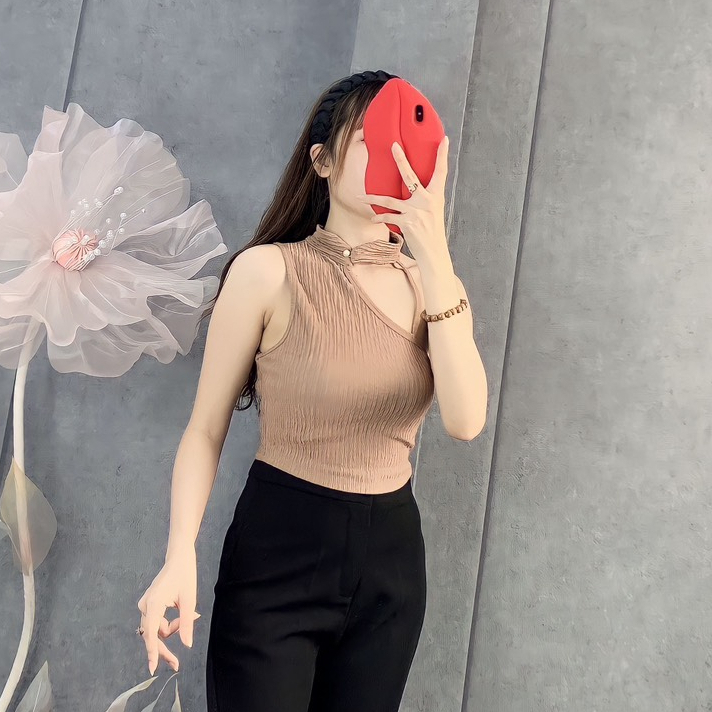 Áo thun croptop cổ lọ cài nút lệch hở vai 1 dây chất xốp hot