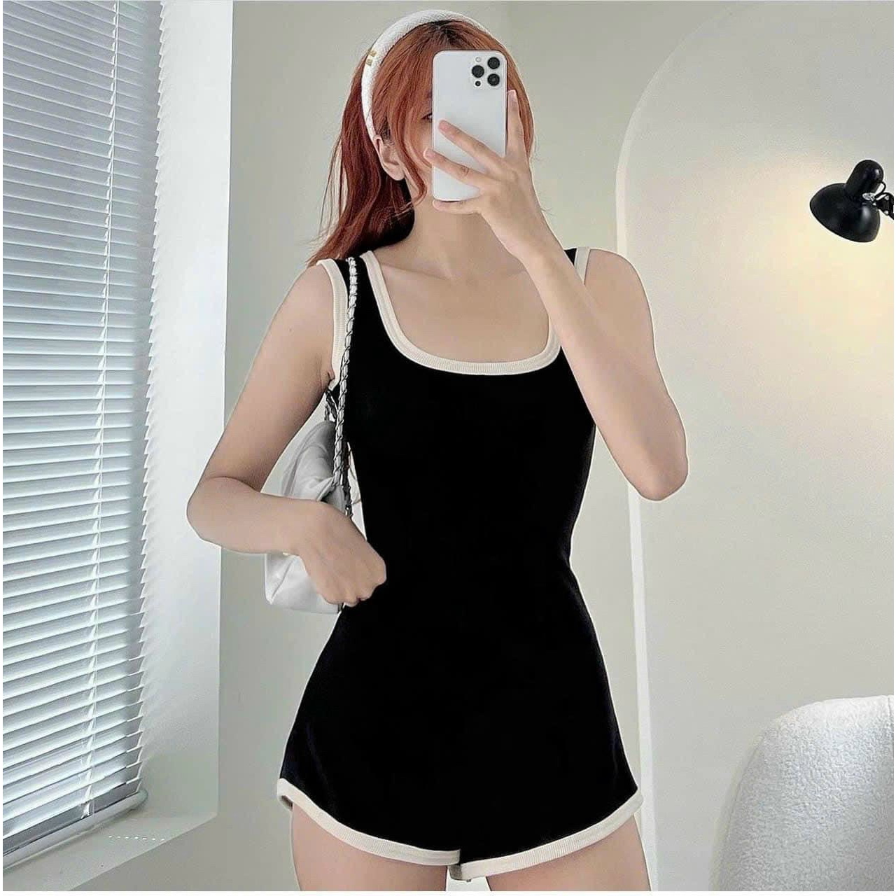 Jumpsuit đùi nữ cổ tròn đồ bơi nữ hai dây phối viền trắng kiểu dáng trẻ trung đi du lịch mùa hè HATI