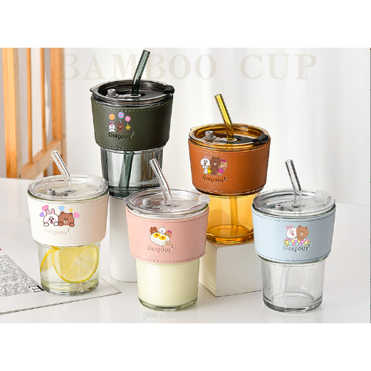 Cốc thủy tinh gấu brown thỏ cony vịt sally da pu CTTI6 cute hoạt hình dễ thương 350ml