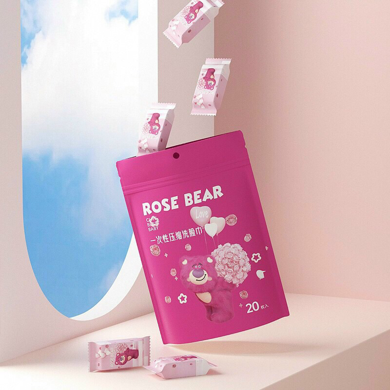 Túi 20 viên khăn nén khô hình viên kẹo gấu dâu Losto kích thước 24x30cm