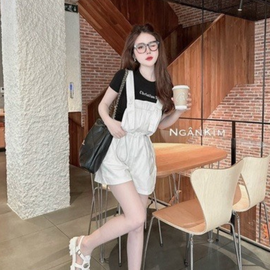 Quần yếm đùi jean kaki rút dây hai bên eo tôn dáng phong cách Hàn Quốc Nquin Store
