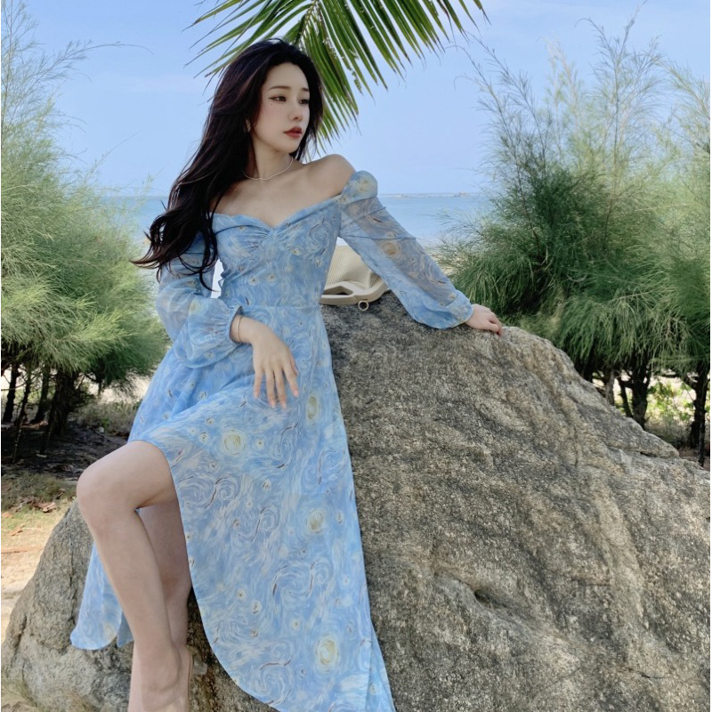 Váy hoa voan gợn sóng kèm feelback khách xinh V6