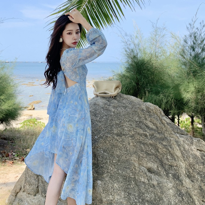 Váy hoa voan gợn sóng kèm feelback khách xinh V6