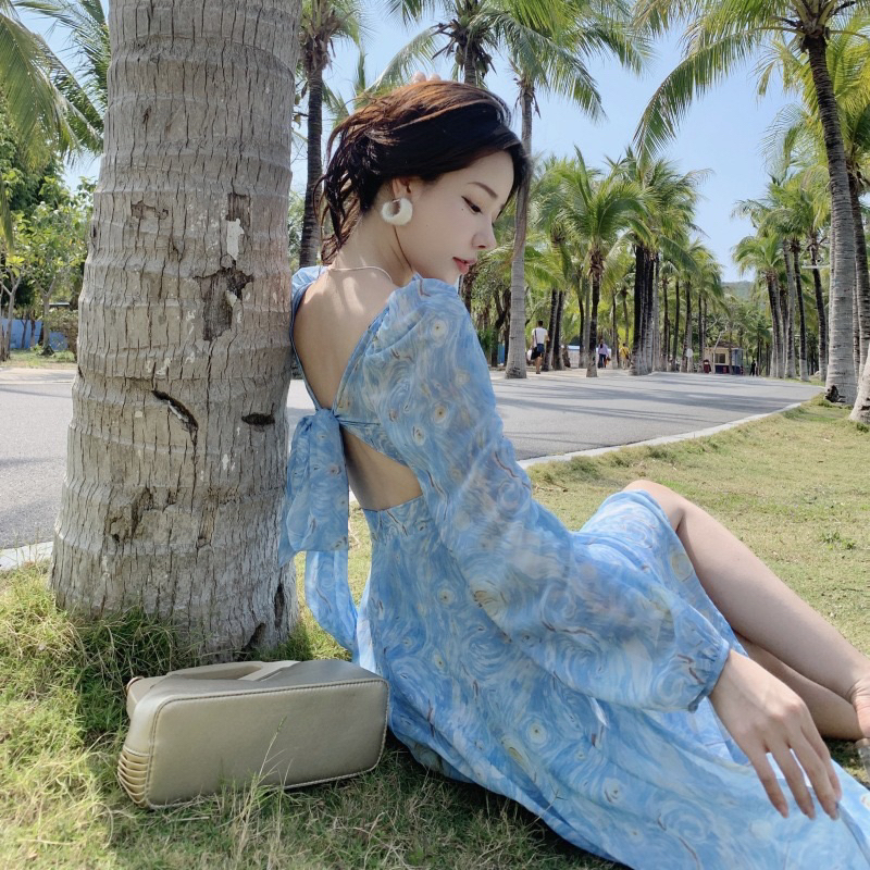 Váy hoa voan gợn sóng kèm feelback khách xinh V6