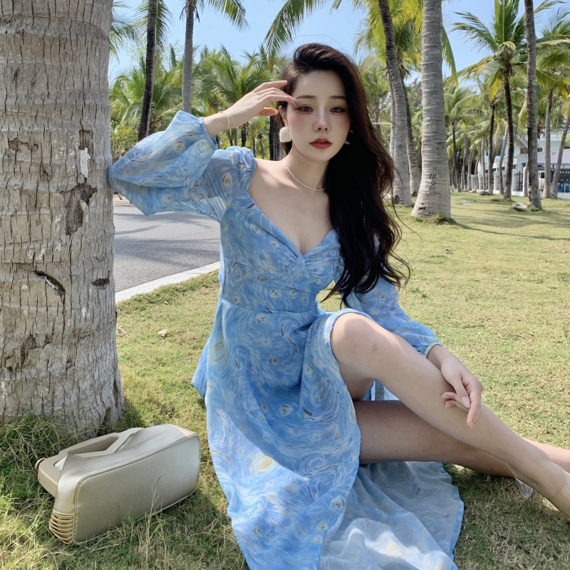 Váy hoa voan gợn sóng kèm feelback khách xinh V6