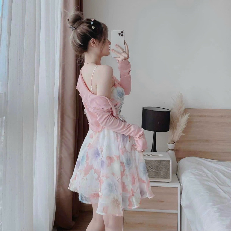 Đầm thời trang nữ mặc đi chơi chất voan loang cao cấp 2 dây kèm khoác cotton hồng