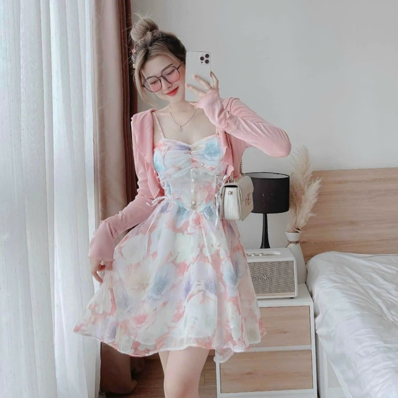 Đầm thời trang nữ mặc đi chơi chất voan loang cao cấp 2 dây kèm khoác cotton hồng