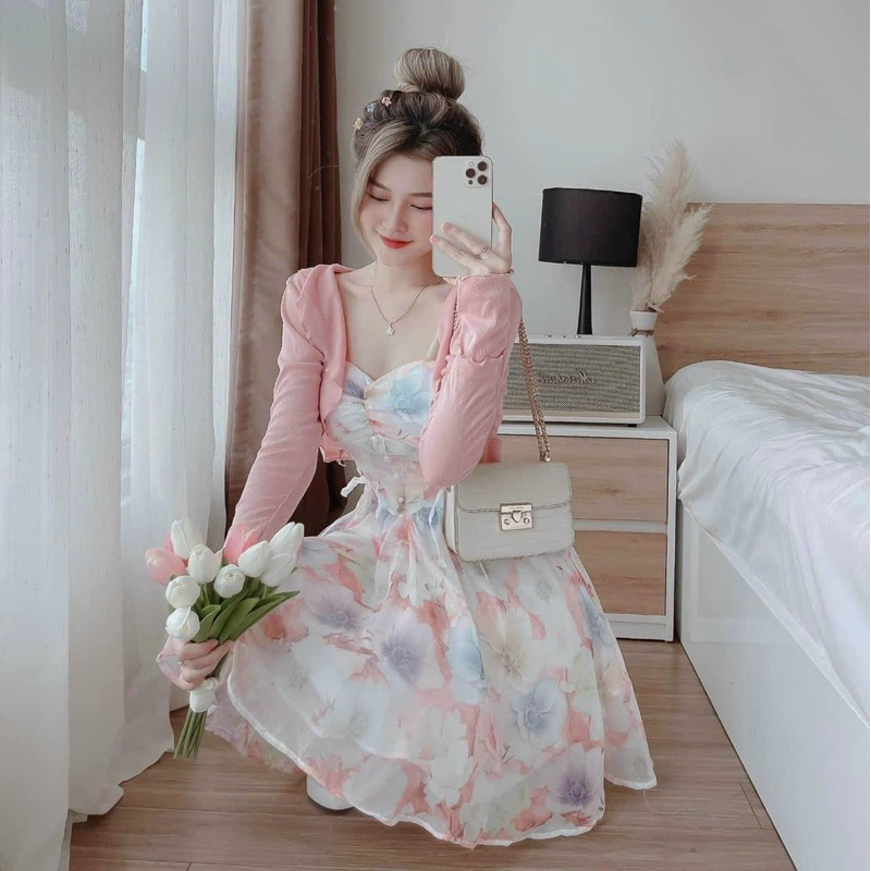 Đầm thời trang nữ mặc đi chơi chất voan loang cao cấp 2 dây kèm khoác cotton hồng