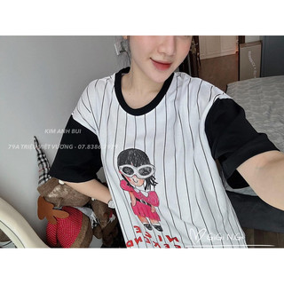Áo Phông Kẻ Pha Tay Hình Chibi