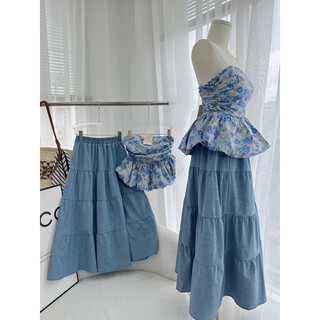 Set ống hoa cúp ngực + chân váy midi jean xoè