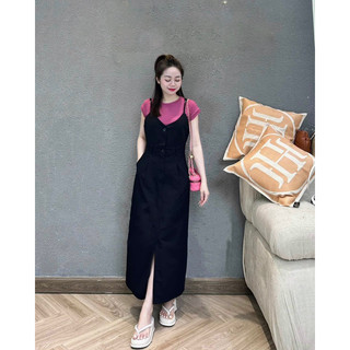 Sét váy yếm 2S xẻ trước phối áo phông màu hồng cho nữ