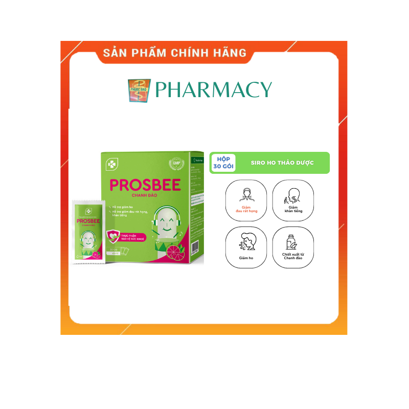 Siro ho thảo dược Prosbee chanh đào giúp giảm ho, bổ phế dành cho trẻ em (Hộp 30 gói x 5ml)
