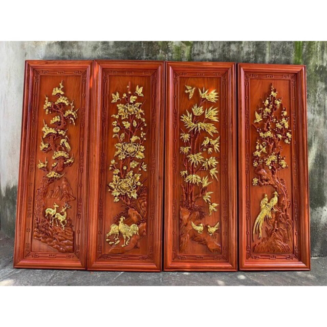 Bộ tranh gỗ hương tứ quý kích thước 107x37x 4 tấm . Tứ bình, tứ quý, tùng cúc trúc mai, xuân hạ thu đông