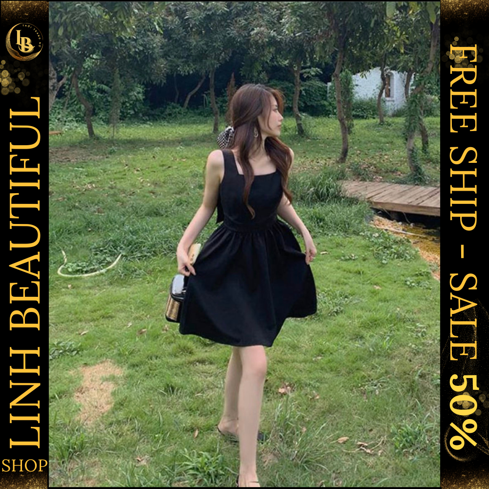 ??????????Đầm - Váy Chữ A Hở Lưng Màu Đen Có Mút Ngực 2 Dây Có Nơ Sau Nhẹ Nhàng , Nổi Bật Cho Các Bạn Nữ , Linh Beautifu