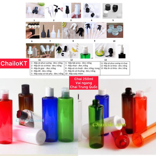 Combo 10 chai nhựa 250ml nhiều màu vai vuông -  đầu ấn mỏ vịt đen- trắng. Chailokt