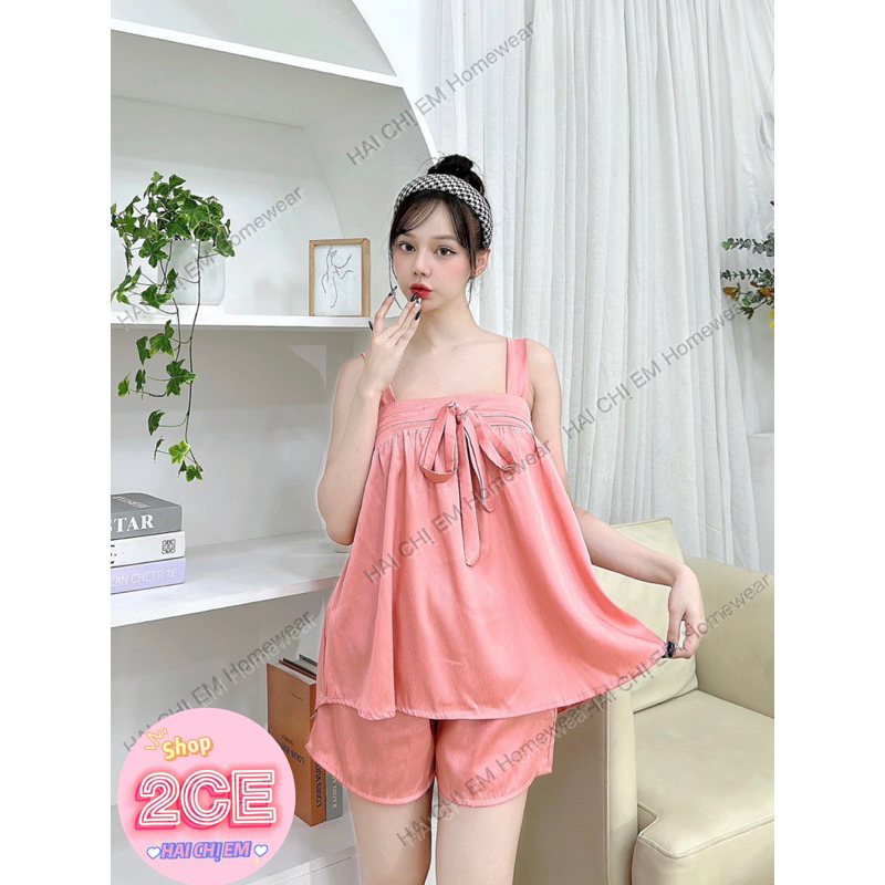 Bộ ngủ bộ mặc nhà Lụa xước hai dây thắt nơ - 2CE HAI CHỊ EM Homewear