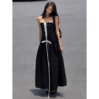 Đầm ống midi ôm thân trên dáng xoè thắt ruy nơ đen