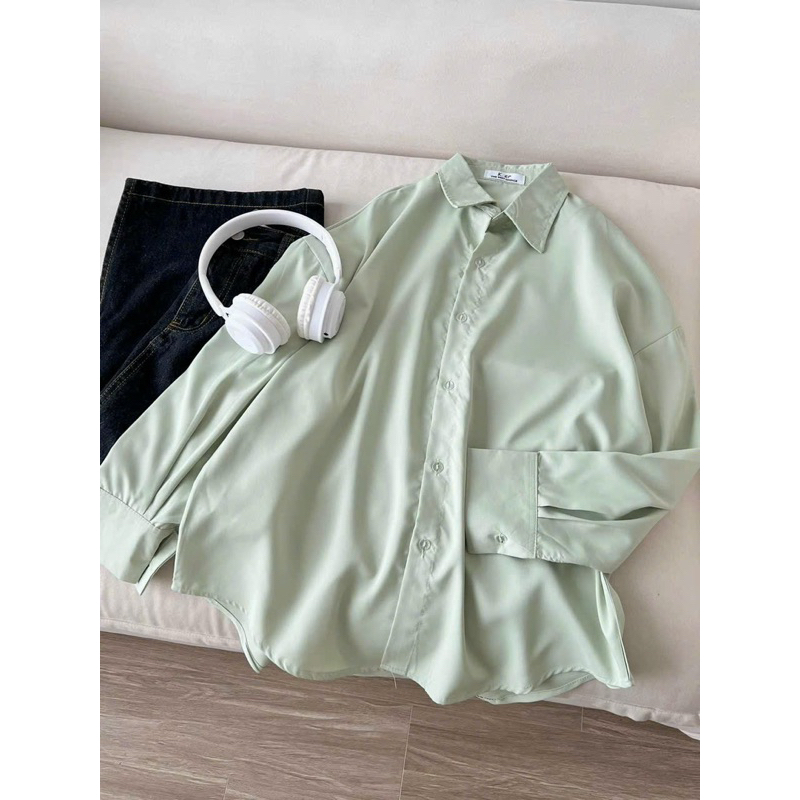 Áo sơ mi nữ dài tay form rộng chất lụa cát màu pastel