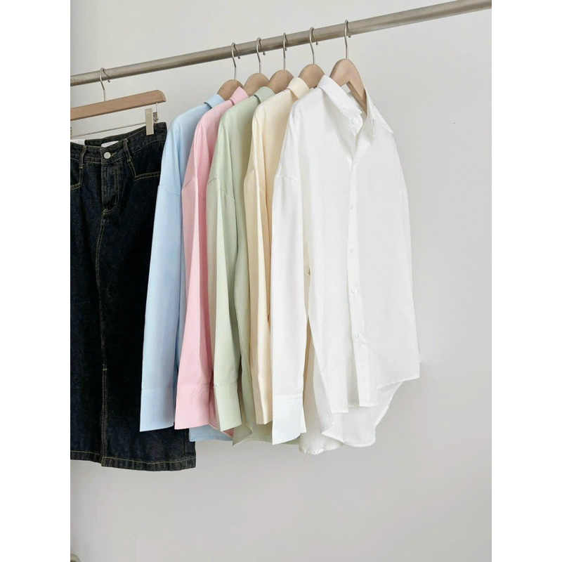 Áo sơ mi nữ dài tay form rộng chất lụa cát màu pastel