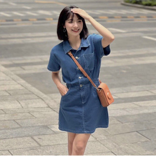 Váy denim tay cộc ôm eo dáng chữ A xoè nhẹ style Hàn Quốc