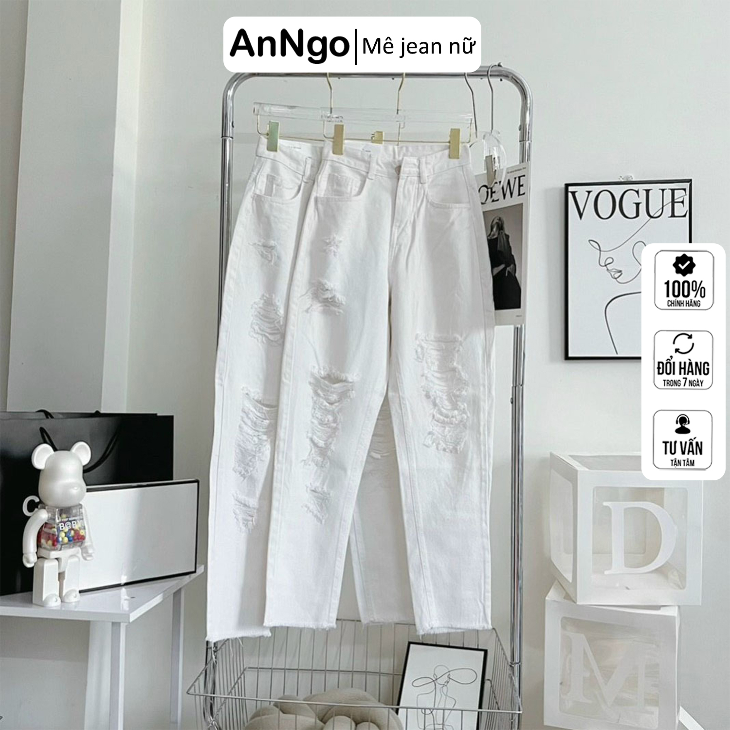 Quần jean baggy nữ dài trắng phối đồ cực sang, chất liệu jean không co giãn, rách gối ANNGO - AT293