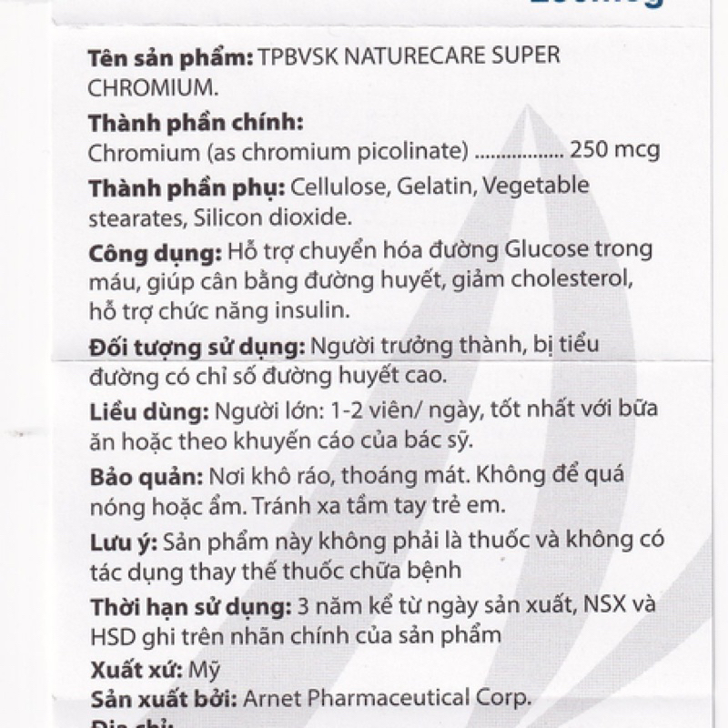 Viên uống Super Chromium 250mcg NatureCare giúp cân bằng đường huyết