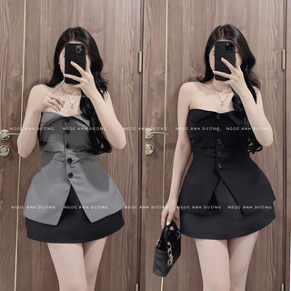 Set áo ống cúp ngực lật bản phối nút + Chân váy mini đen