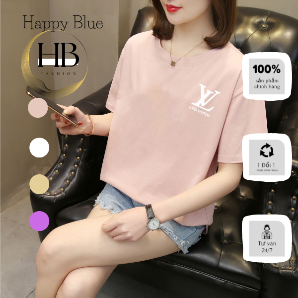 Áo Phông Thun Ngắn Tay Nữ Happy Blue Mặc Đi Chơi Đi Làm Chất Vải Cotton Thoáng Mát Logo Lv Ép Ngực Phong Cách Hàn Quốc