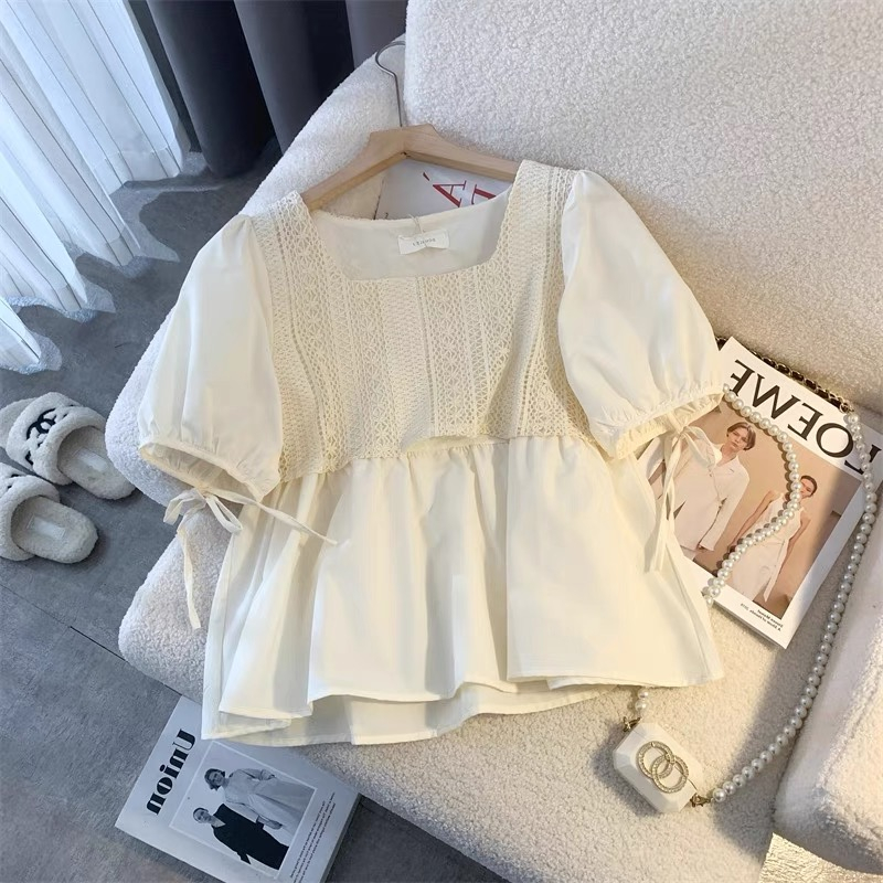 Áo Babydoll Pha Ren Cổ Vuông Tay Nơ - Áo Thô Boi Pha Ren Cổ Vuông Tay Nơ Thời Trang Nữ   .