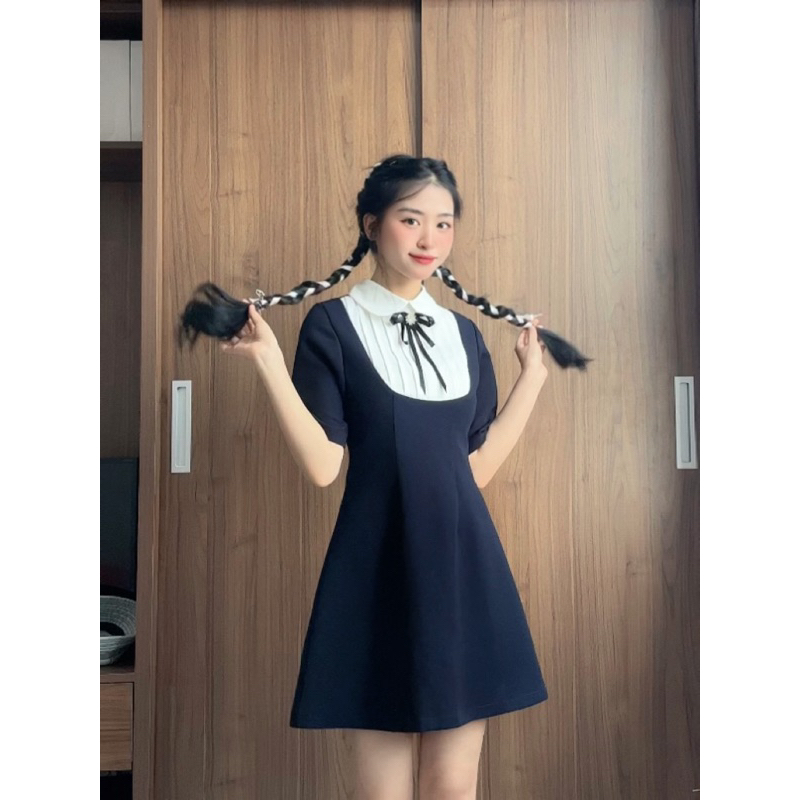 DOLLY DRESS - Váy thiết kế nơ cổ rời tím than cổ trắng thanh lịch đơn giảnn