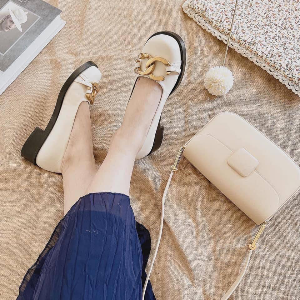 Giày nữ giày búp bê nữ CnK đế cao 2cm mũi tròn xích vàng  sang trọng hàng Fullbox