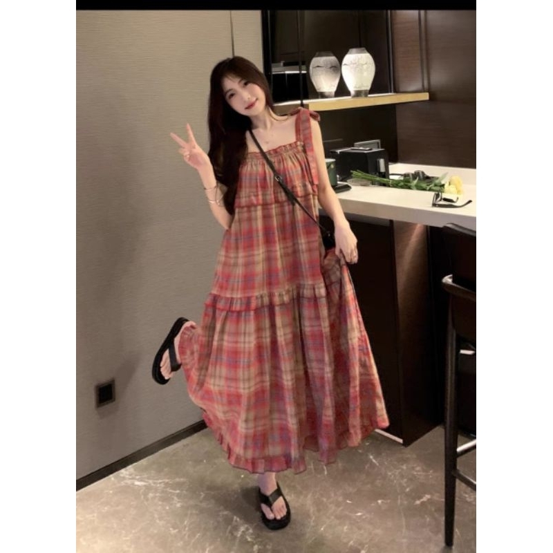 (3 màu) Váy 2 dây kẻ đỏ xòe dài tầng buộc nơ vai dáng babydoll ulzzang phong cách vintage tiểu thư Hàn Quốc